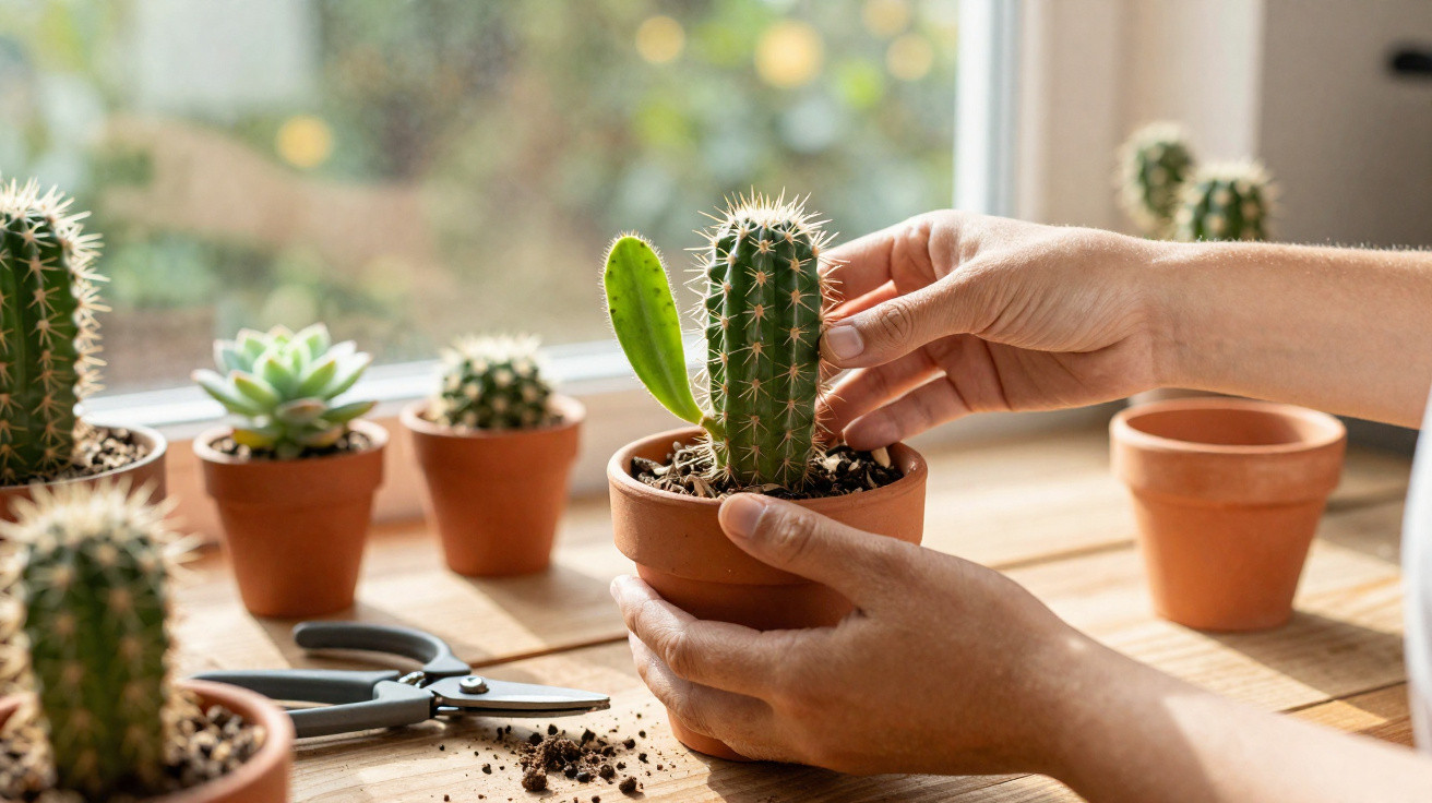 Main plaçant un petit cactus en pot en terre cuite sur une table en bois près d'une fenêtre.