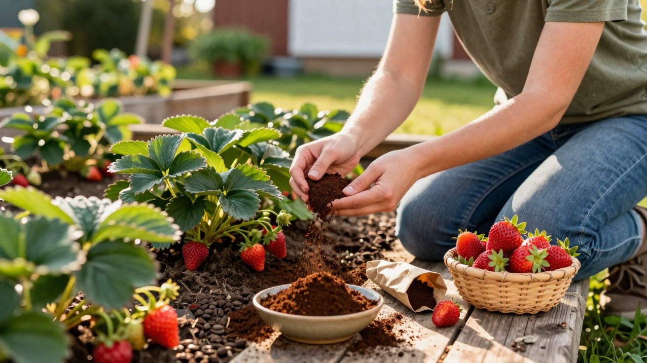 Une personne ajoute du compost aux plants de fraises dans un jardin ensoleillé avec un panier de fraises.