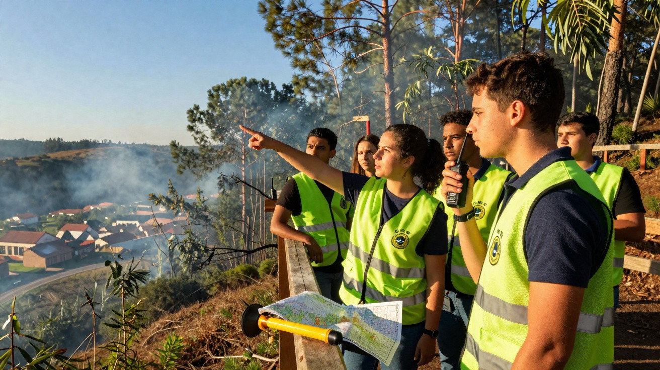Jeunes sauveteurs en gilets réfléchissants observant un incendie de forêt et utilisant une radio dans un environnement boisé.
