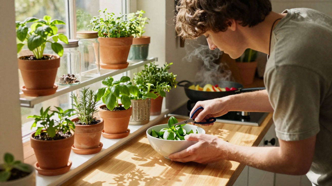 Jeune homme coupant des herbes fraîches près d'une fenêtre avec des plantes en pots sur un rebord ensoleillé.