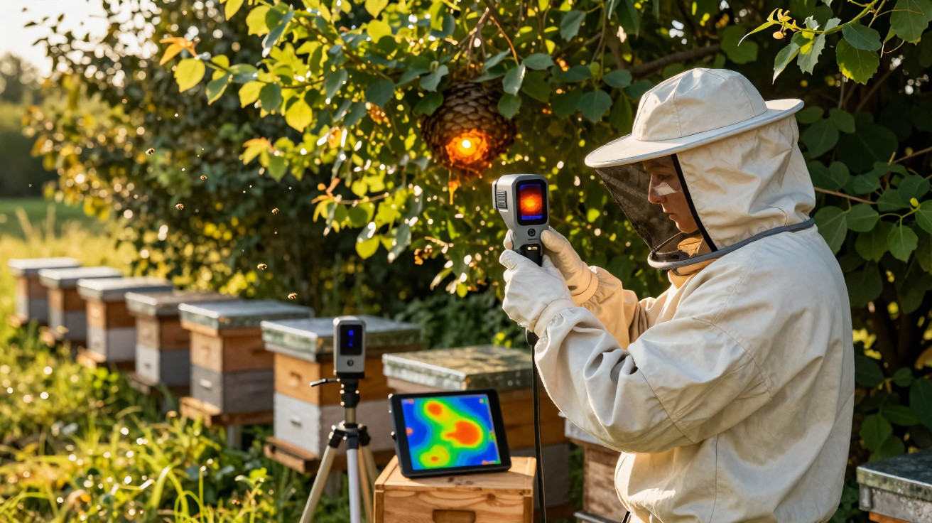 Apiculteur en tenue analysant la température d'une ruche avec caméra thermique en plein air.
