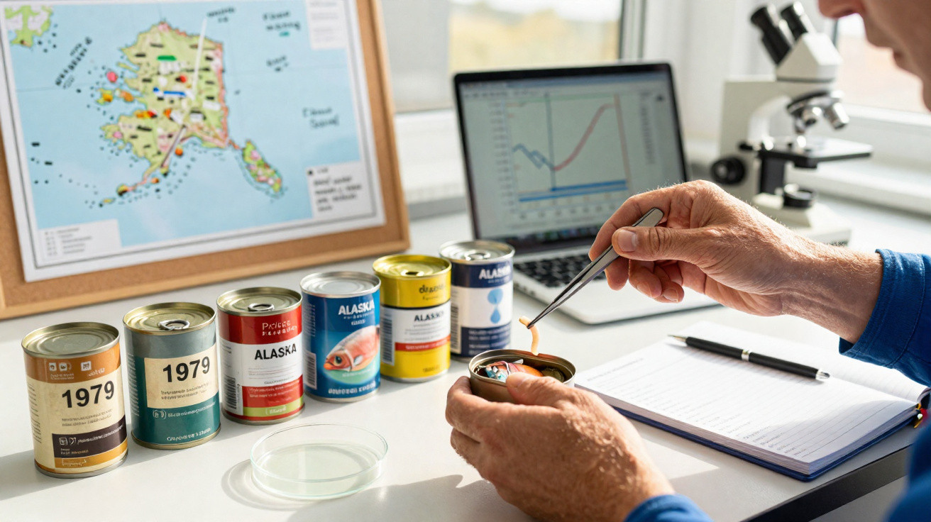 Main manipulant un petit échantillon avec une pince près de boîtes de conserve, carte et ordinateur en arrière-plan.