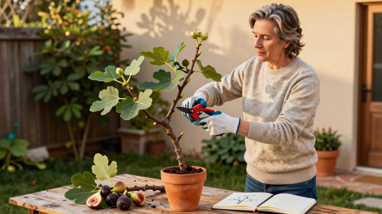 Femme taillant un figuier en pot sur une table, avec des figues et un carnet ouvert à côté.