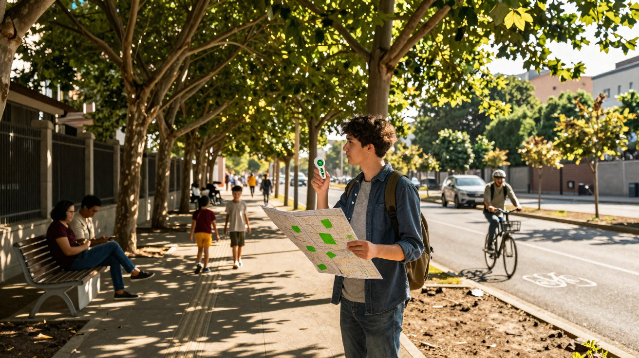 Jeune homme avec carte et boussole numérique cherche son chemin sur un trottoir arboré ensoleillé en ville.