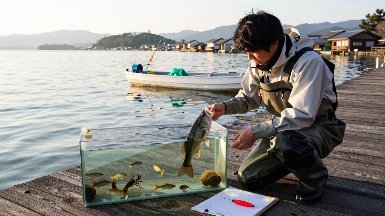 Homme en tenue de pêche relâchant un poisson dans un aquarium sur un quai au bord d’un lac paisible.
