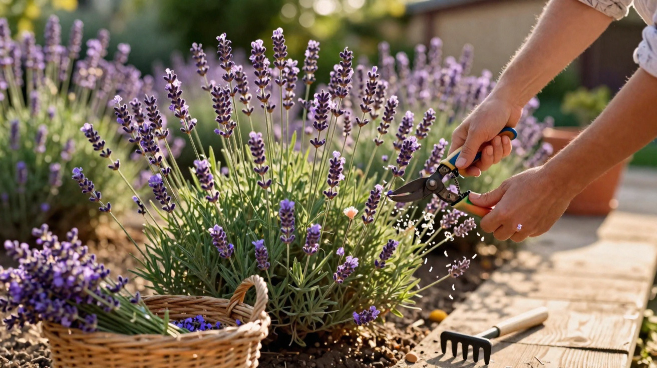 Une personne coupe de la lavande violette dans un jardin avec un sécateur, un panier rempli de fleurs à côté.