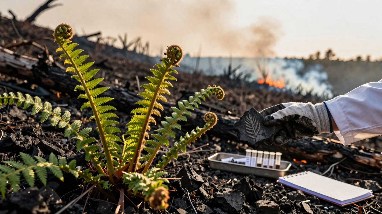 Une fougère verte pousse sur un sol brûlé, un scientifique en gants collecte un échantillon avec un incendie en arrière-plan.