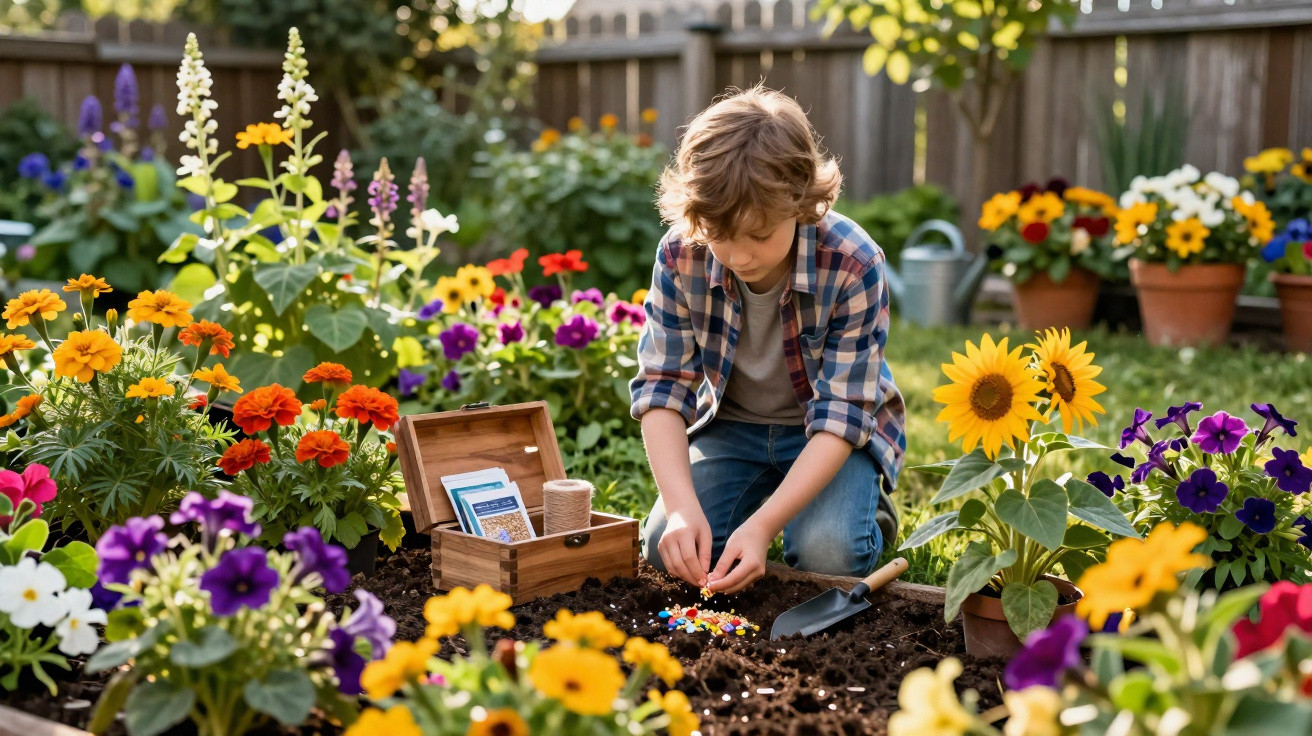 Enfant plantant des graines dans un jardin fleuri avec une boîte à outils de jardinage à ses côtés.