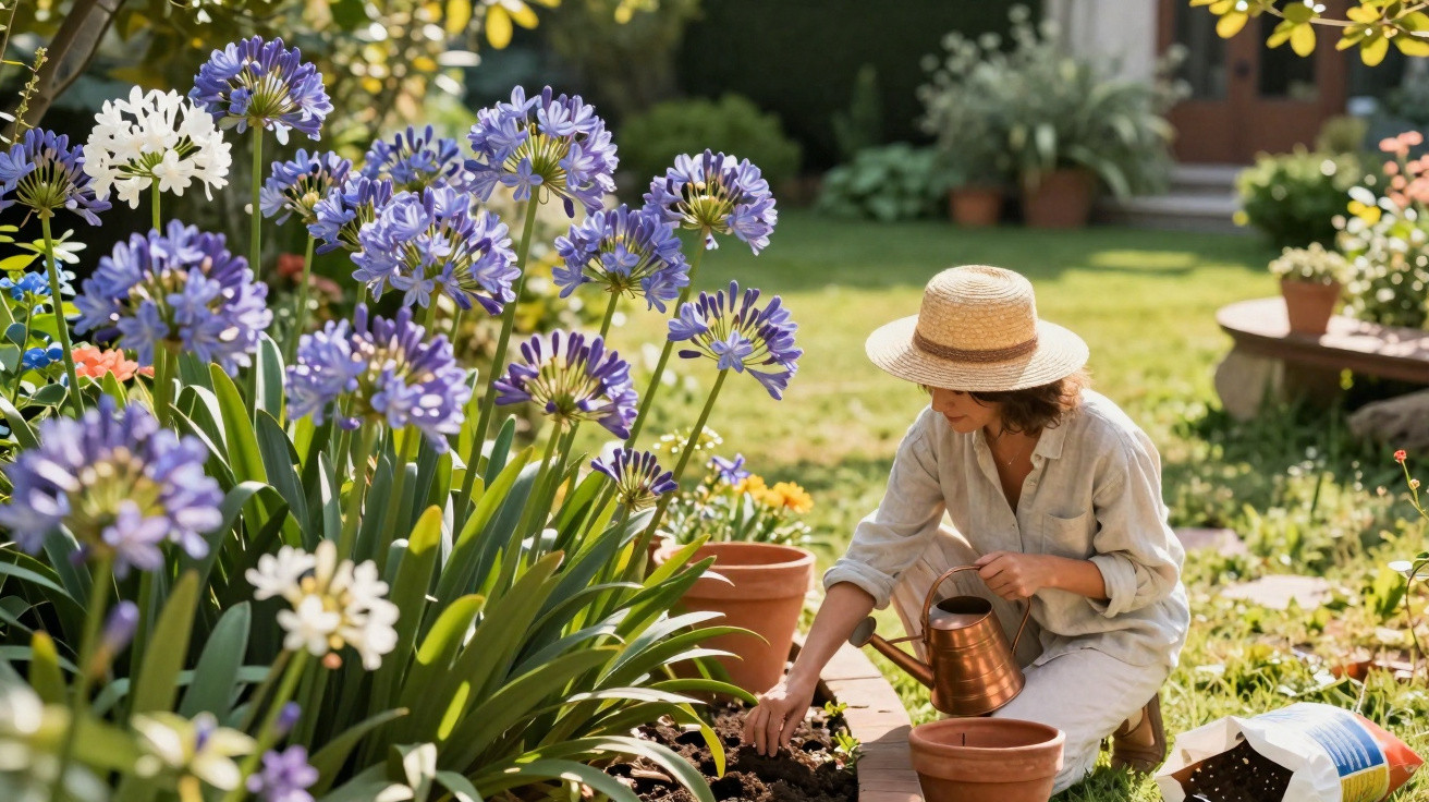 Femme en chapeau arrosant les plantes dans un jardin ensoleillé avec des fleurs violettes et blanches.