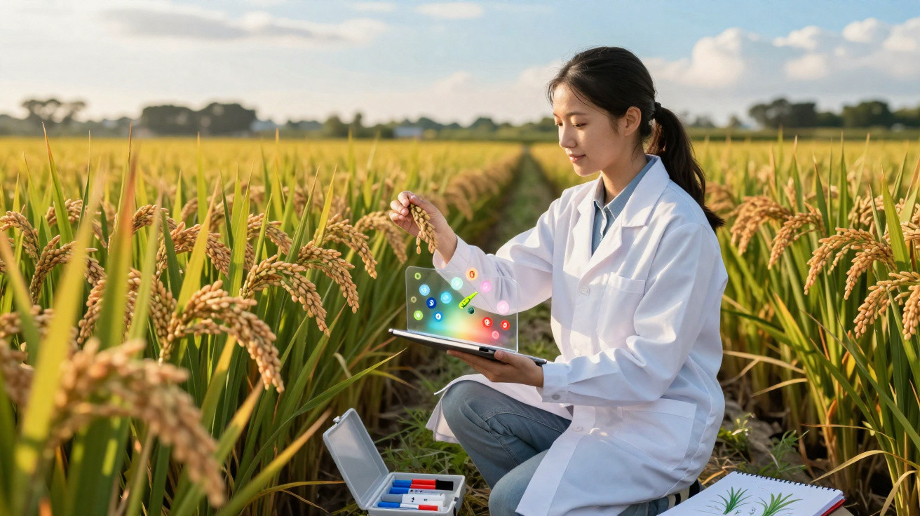 Femme scientifique en blouse blanche examine des plants de riz dans un champ avec tablette numérique.