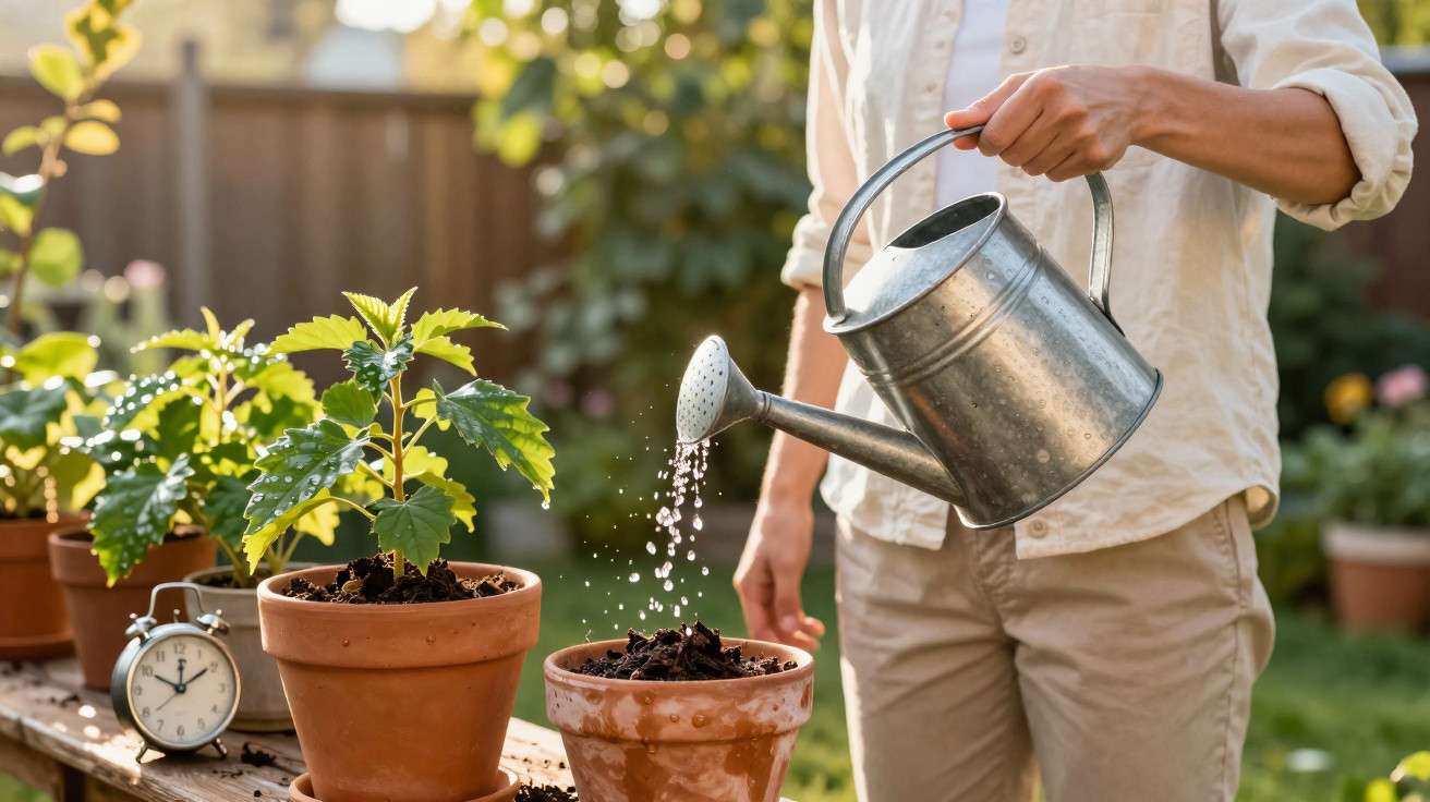 Personne arrosant des plantes en pot dans un jardin avec un arrosoir métallique sous la lumière du jour.