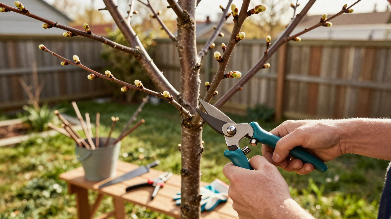 Une personne taille un jeune arbre fruitier avec un sécateur dans un jardin ensoleillé.