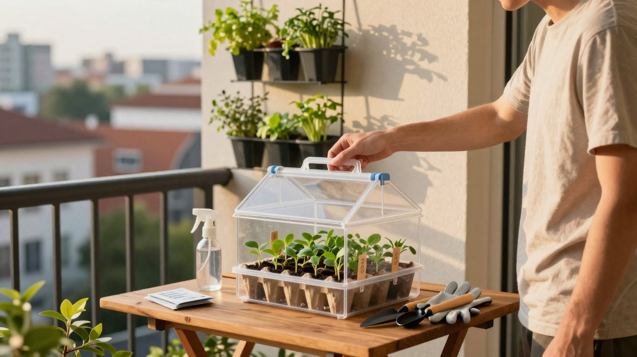 Personne prenant soin de jeunes plants dans une mini-serre sur une terrasse urbaine ensoleillée.