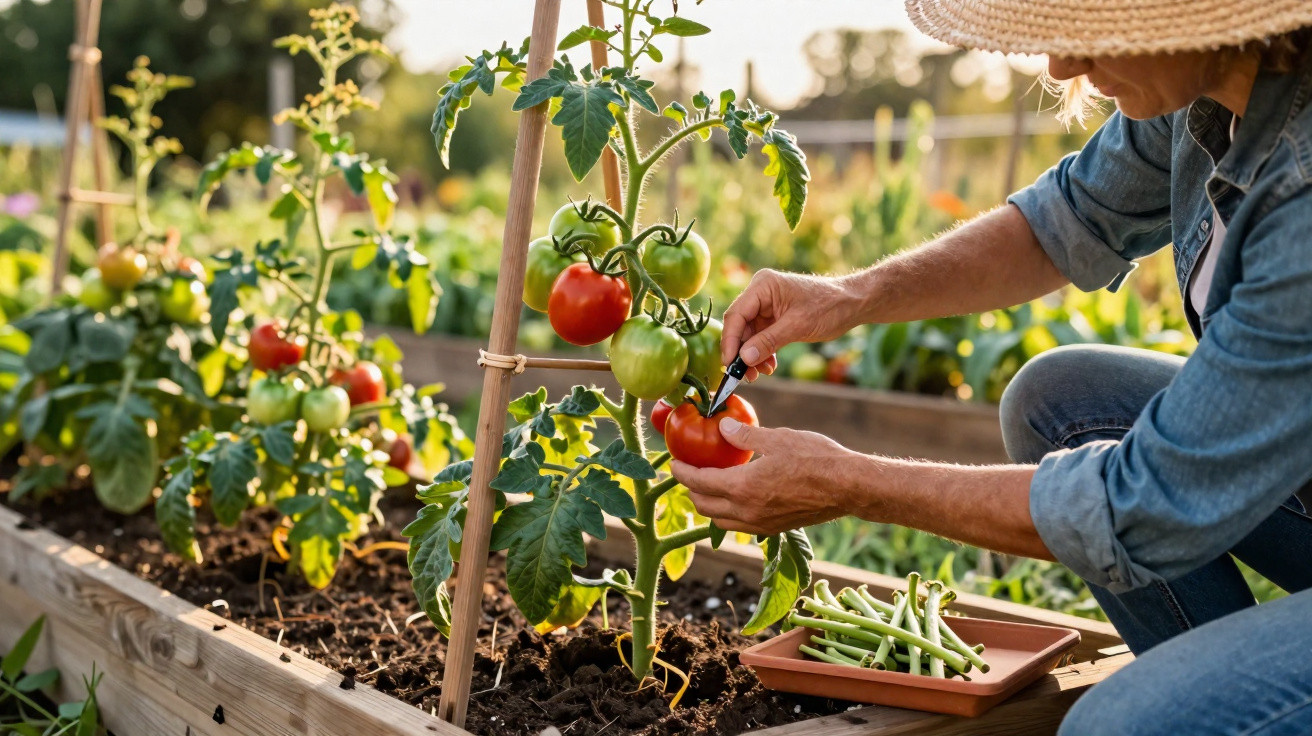 Personne récoltant des tomates rouges mûres dans un jardin potager surélevé au soleil.