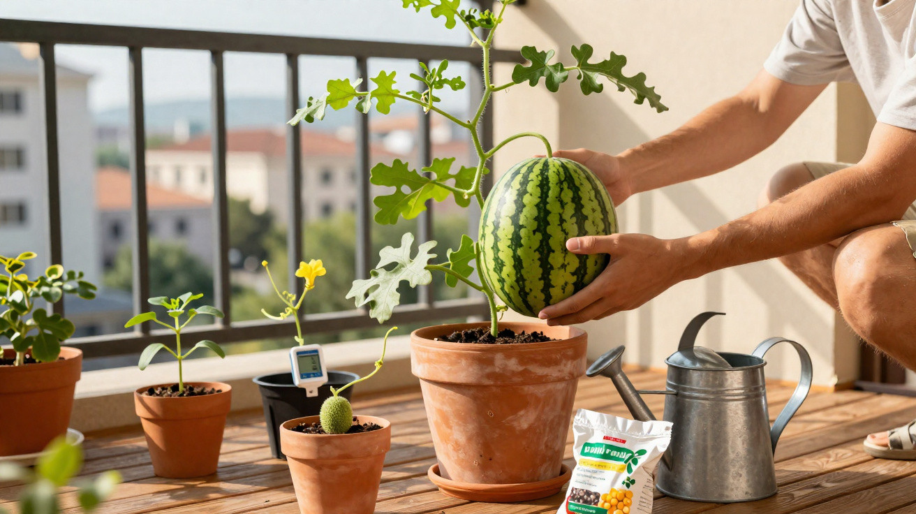 Personne tenant une grosse pastèque sur une plante en pot sur un balcon ensoleillé.