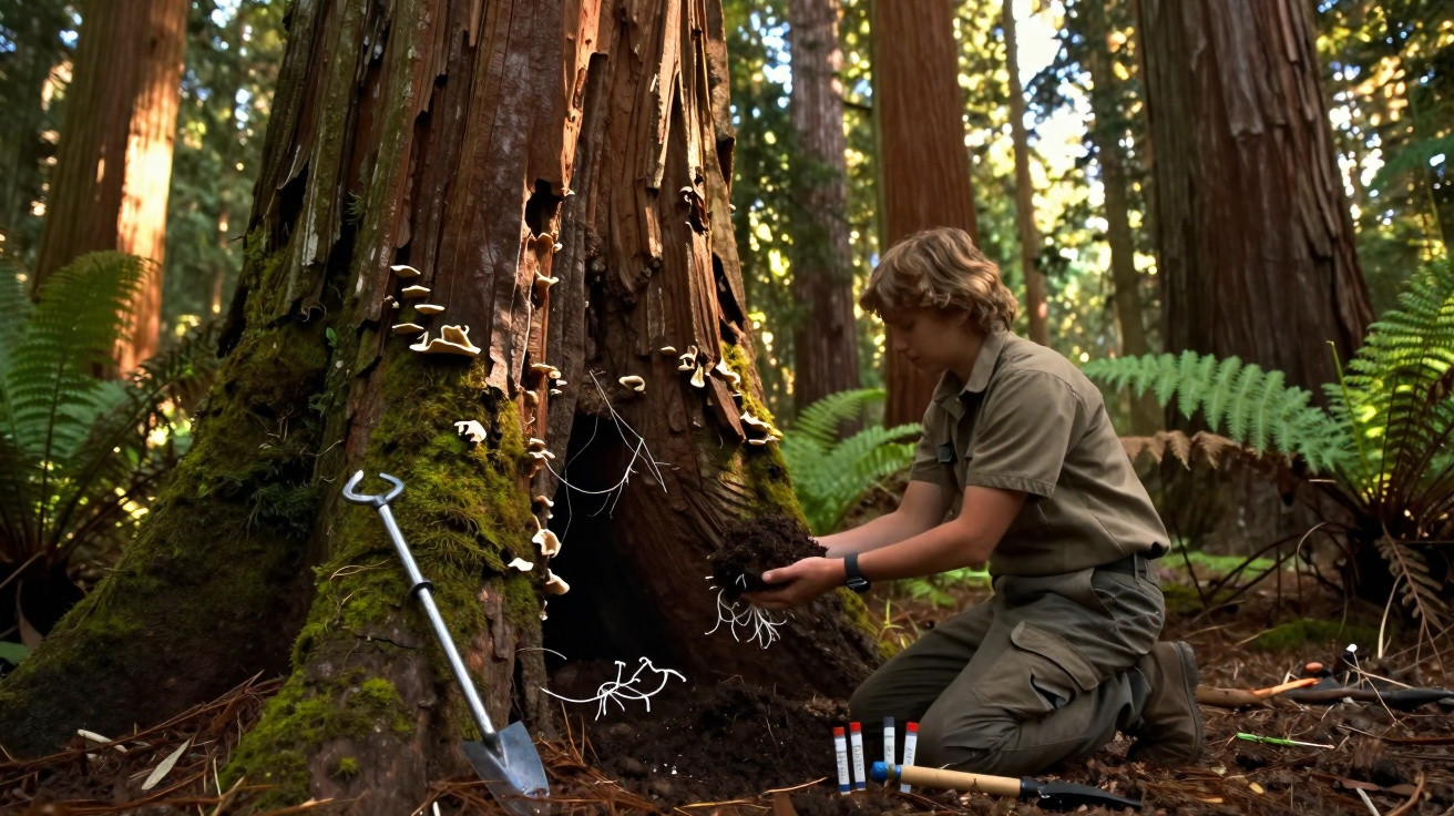 Un garçon en tenue de scout examine du sol devant un arbre dans une forêt dense avec des fougères et des outils.