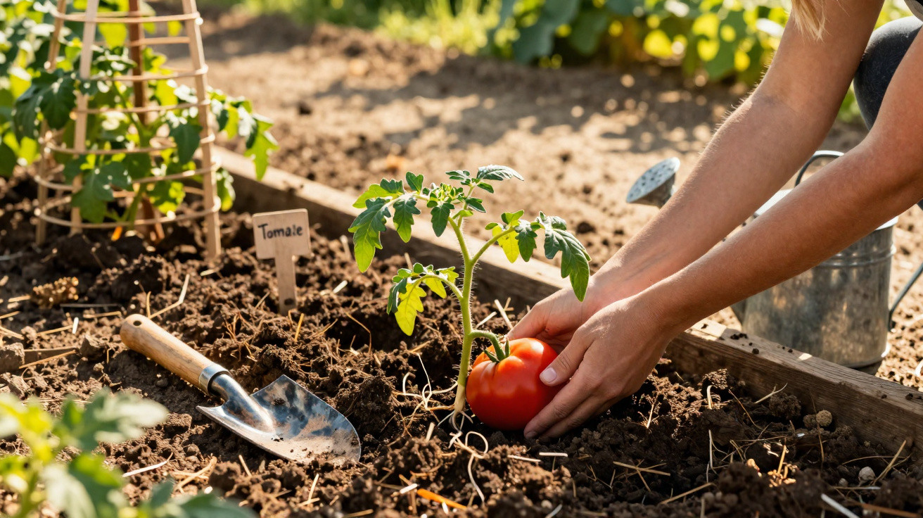 Personne récoltant une tomate rouge dans un jardin potager avec outils de jardinage à côté.