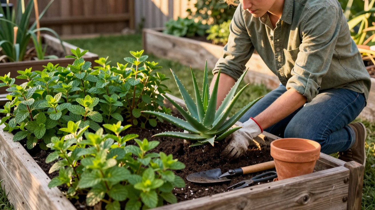 Personne plantant une plante d'aloe vera dans un jardin en carré avec des outils de jardinage.