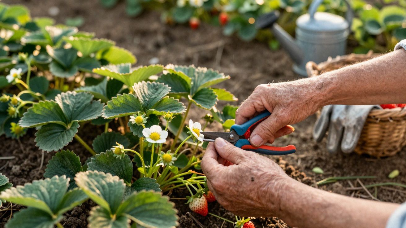 Une personne taille des fleurs de fraisier dans un jardin, avec un panier et un arrosoir en arrière-plan.