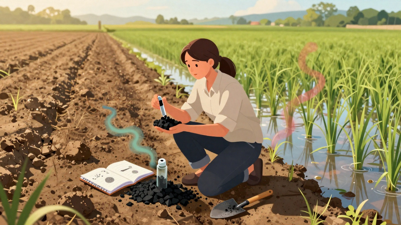 Femme analysant un échantillon de sol noir dans un champ près d’un carnet et d’outils de jardinage.