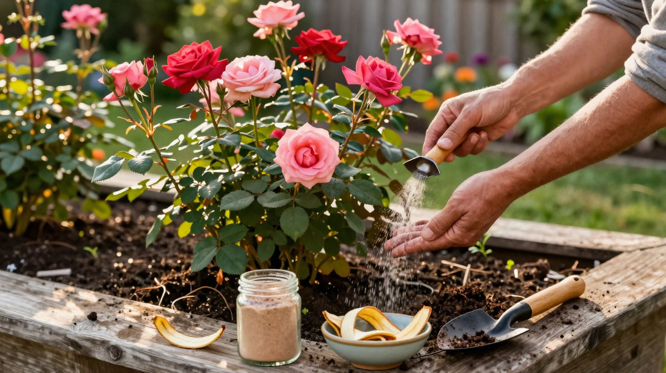 Main versant de l'engrais naturel sur des rosiers rouges et roses dans un jardin surélevé en bois.