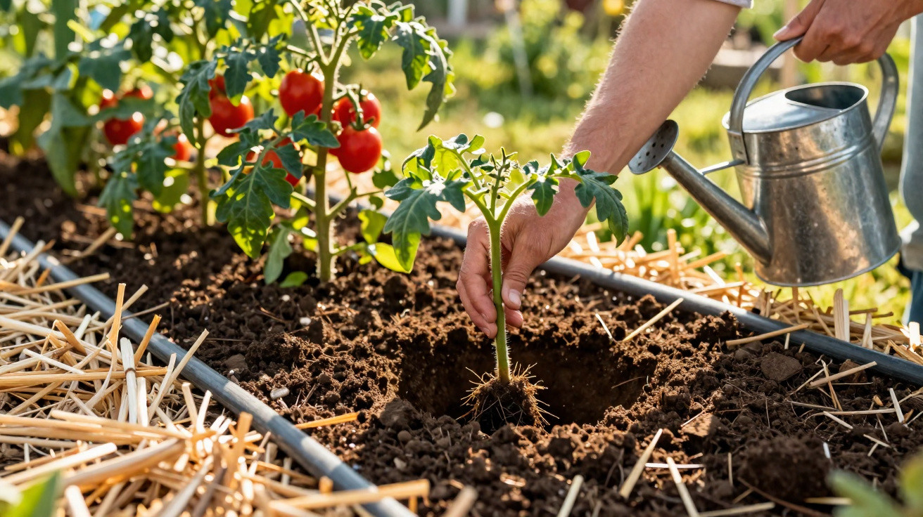 Main plantant un jeune plant de tomate et arrosage au jardin, tomates mûres en arrière-plan.