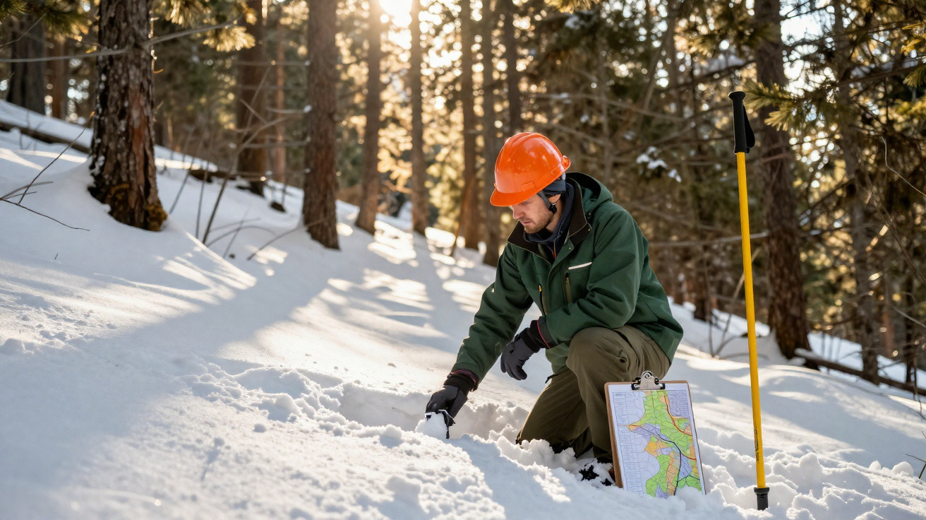Homme en casque orange analysant la neige en forêt avec carte et pelle jaune plantée dans la neige.