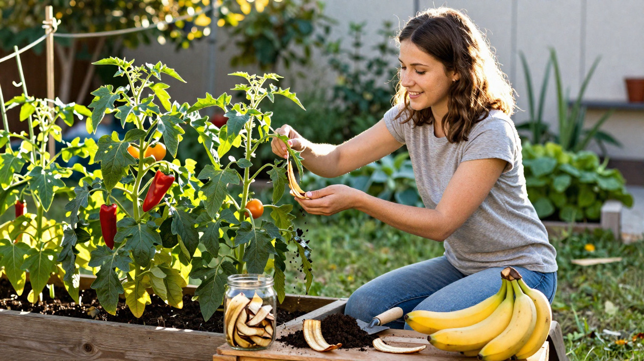 Femme souriante jardinant avec un pot de bananes séchées près d’un potager avec des tomates et poivrons rouges.
