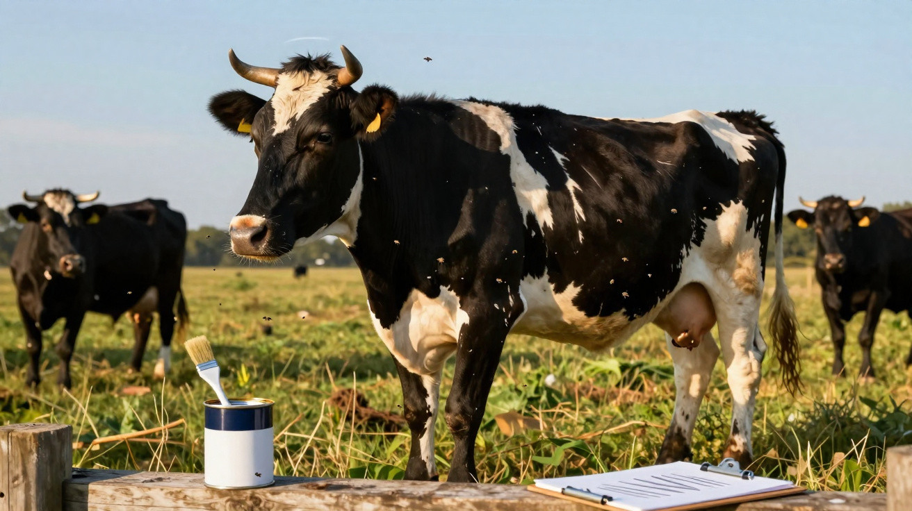 Vache noire et blanche debout dans un champ avec un pot de peinture et un pinceau posés sur une planche en bois.