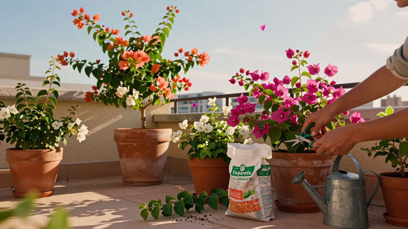 Plantes en pot fleuries sur une terrasse, personne taillant une branche avec un sécateur sous un ciel bleu clair.