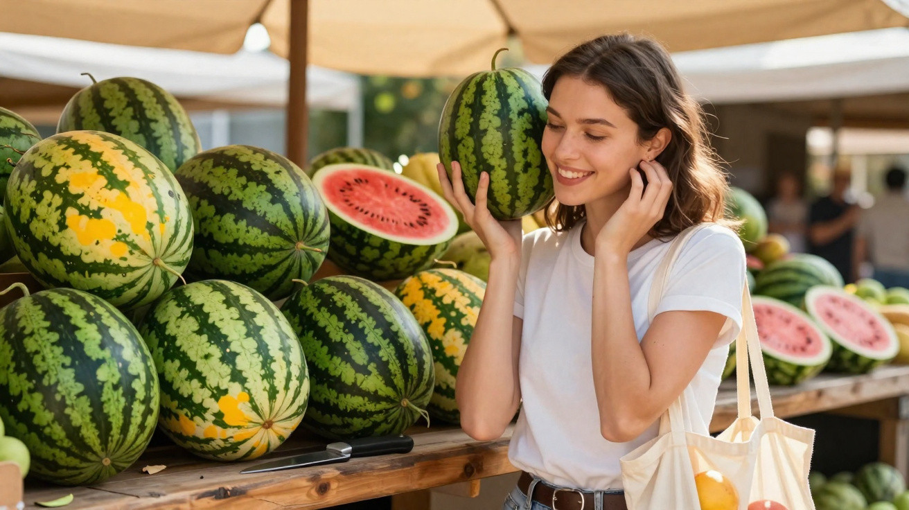 Femme souriante tenant une pastèque à côté d'un étal de pastèques entières et coupées au marché en plein air.