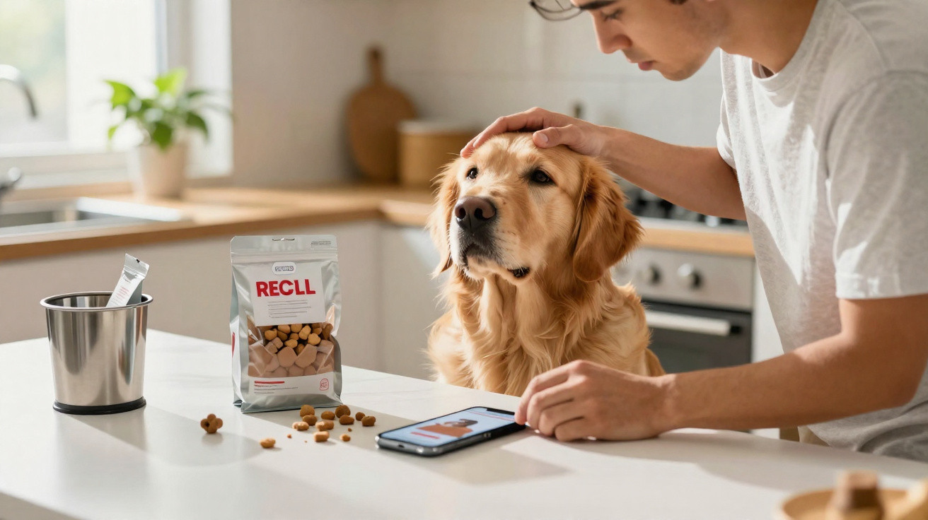Homme caressant un chien golden retriever sur une table de cuisine près de friandises pour chien et un smartphone.