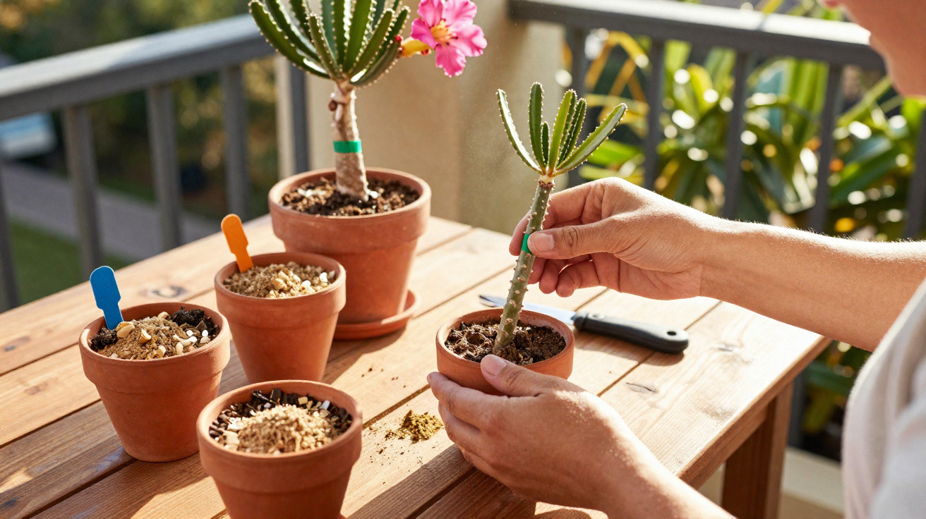 Mains tenant un petit cactus, plusieurs pots en terre cuite avec plantes et étiquettes colorées sur une table en bois.