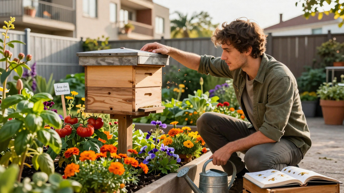 Homme accroupi au jardin vérifiant une ruche en bois entourée de fleurs colorées et portant un arrosoir.