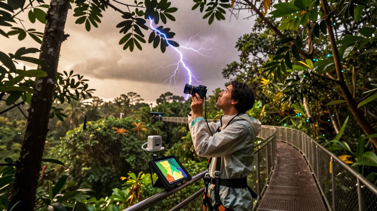 Un photographe en imperméable capture un éclair dans une forêt tropicale depuis une passerelle suspendue.