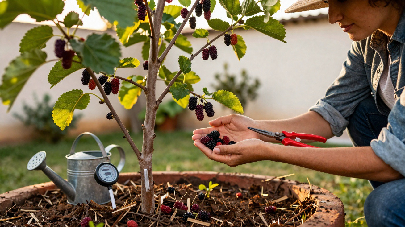 Personne récoltant des mûres sur un arbre en pot dans un jardin avec un arrosoir à proximité.