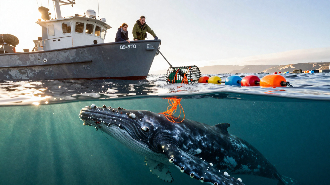 Baleine à bosse sous l'eau près d'un bateau de chercheurs avec deux personnes observant la scène au coucher du soleil.