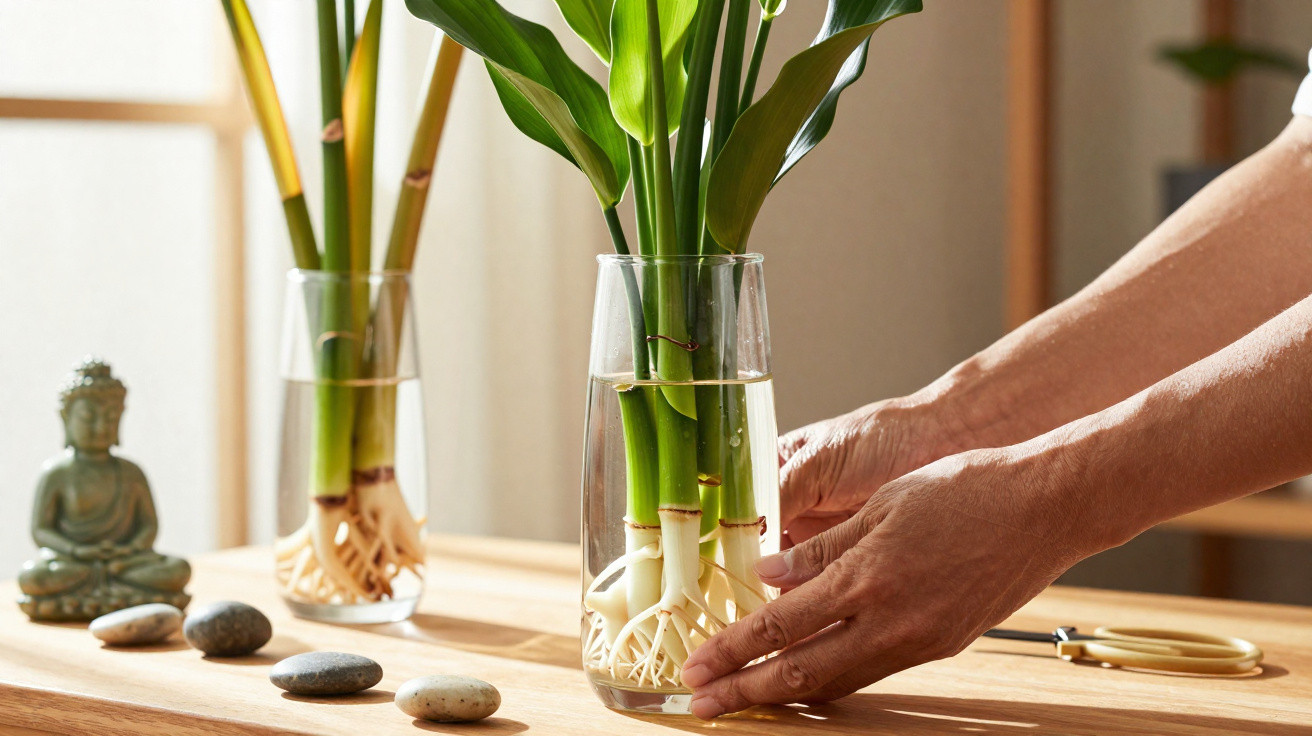 Mains ajustant un vase en verre avec des plantes vertes poussant dans l'eau sur une table en bois clair.