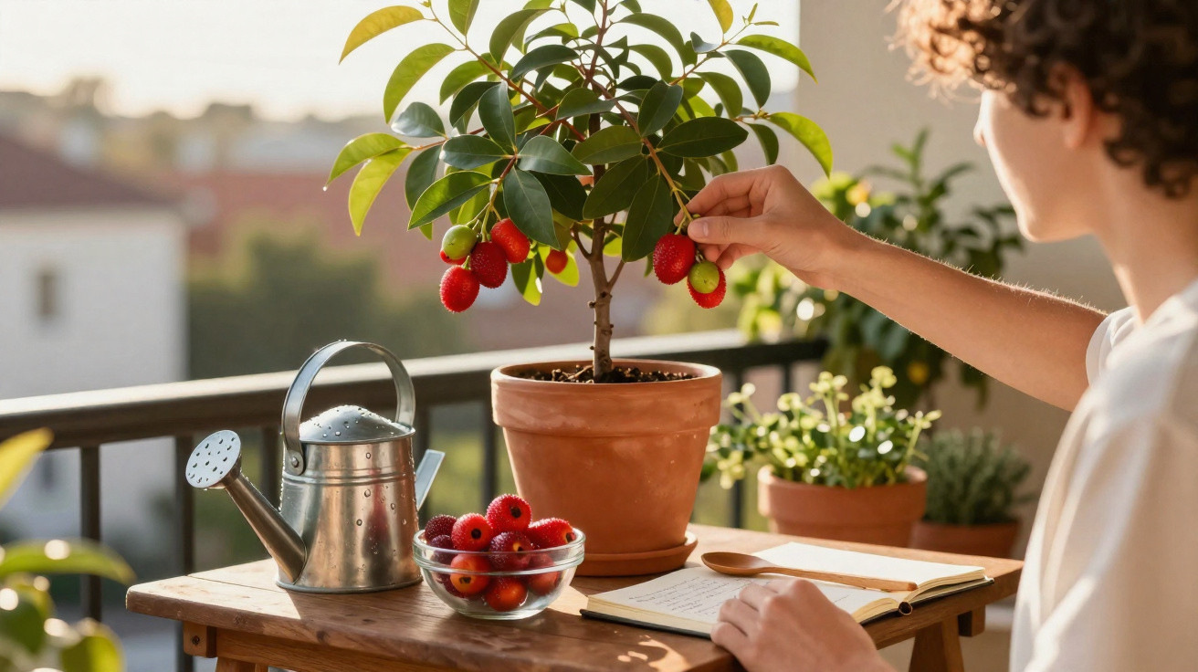 Personne cueillant des fruits rouges sur un arbuste en pot sur une terrasse ensoleillée avec arrosoir et carnet.