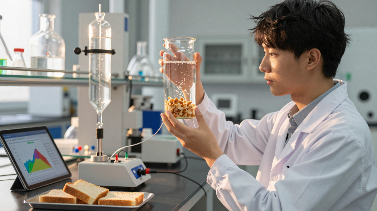 Chercheur en blouse blanche analysant un échantillon de pain immergé dans un liquide en laboratoire.