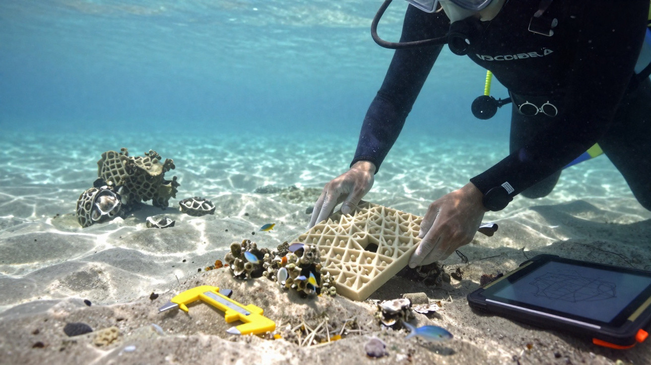 Plongeur installe une structure artificielle pour la restauration de corail sur le fond marin sableux.