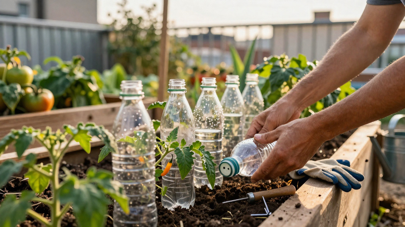 Personne arrosant des plants de tomate en pot avec des bouteilles plastiques recyclées transparentes.
