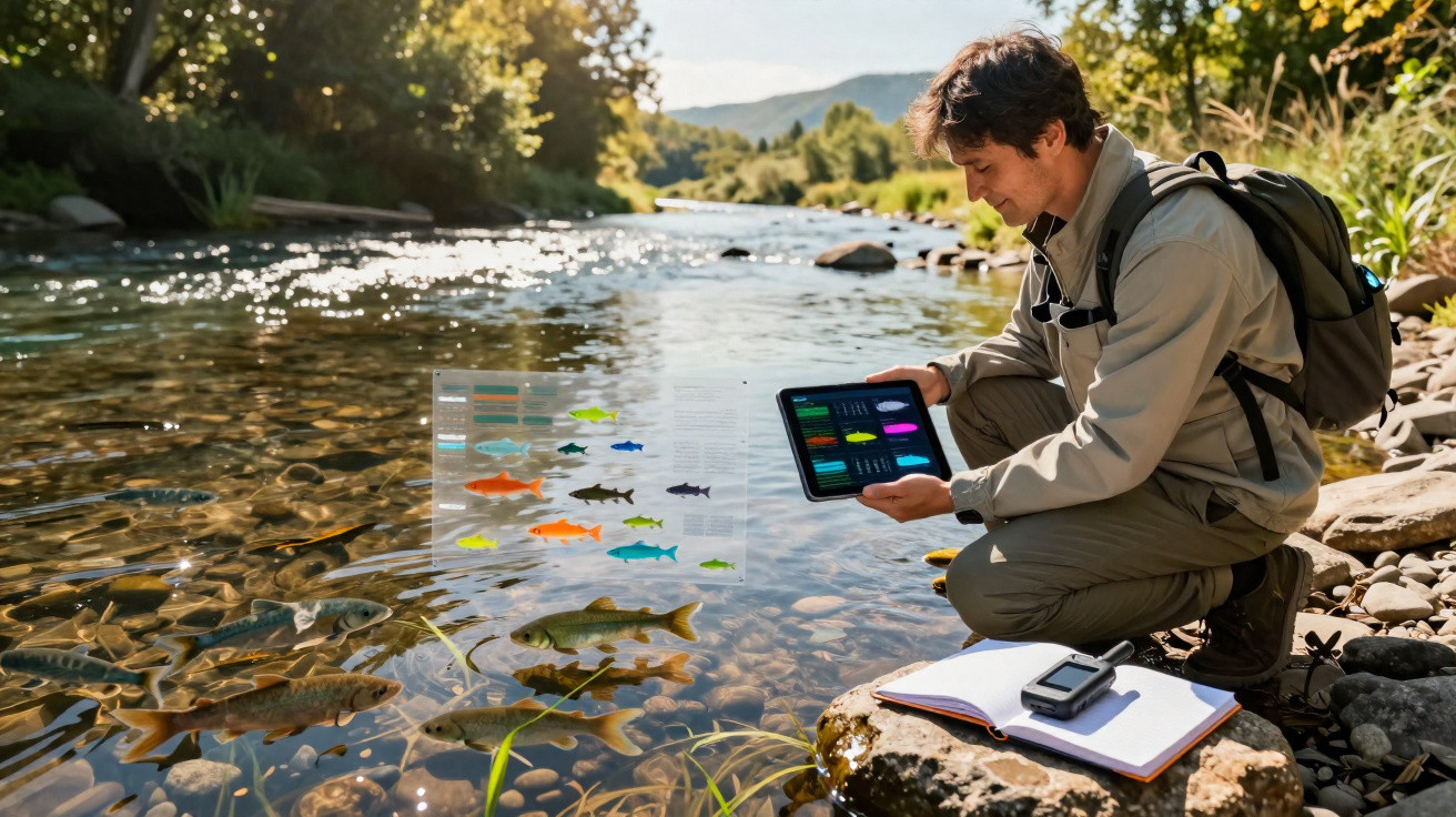 Chercheur analysant des données sur une tablette près d'une rivière claire avec poissons visibles et carnet ouvert.