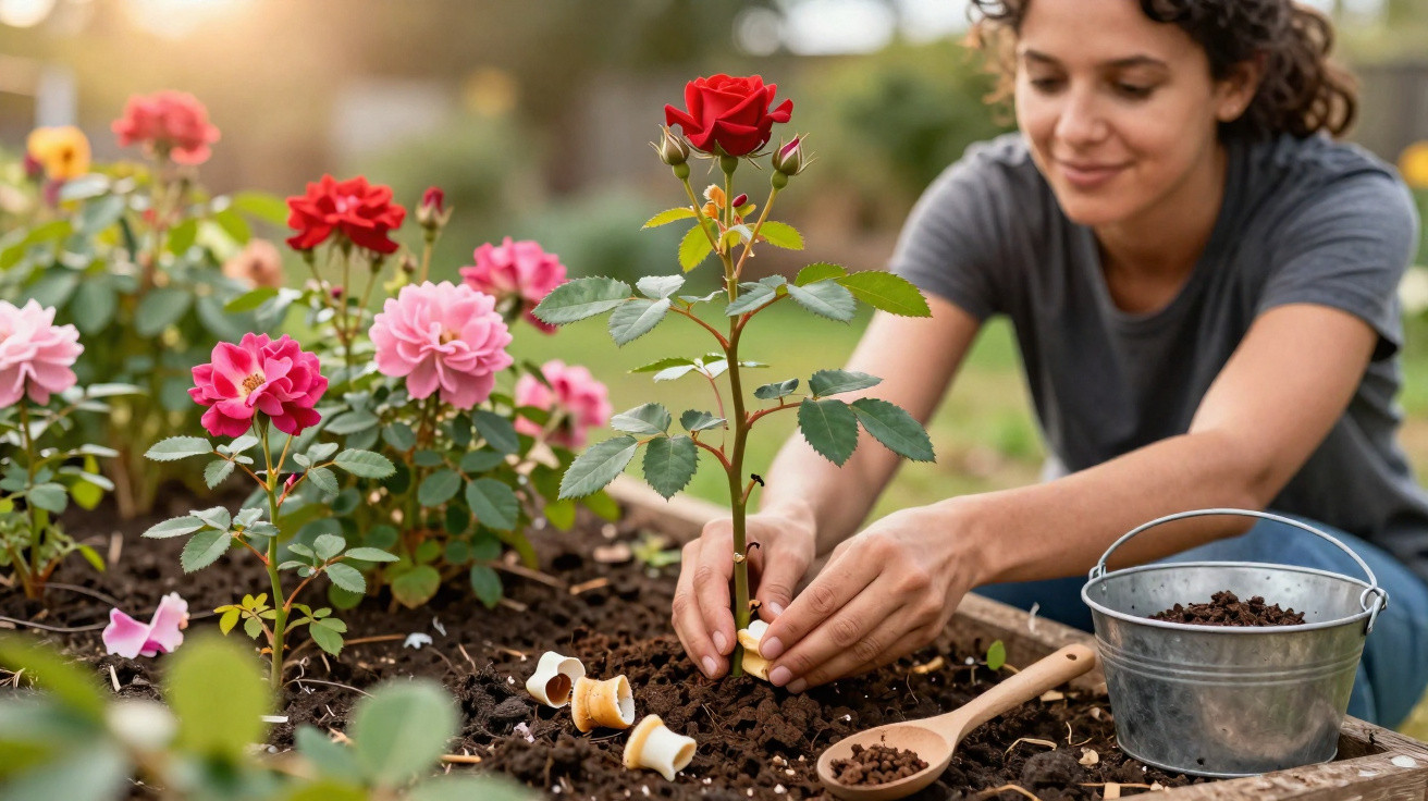 Femme plantant une rose rouge dans un jardin entouré de rosiers roses et outils de jardinage.