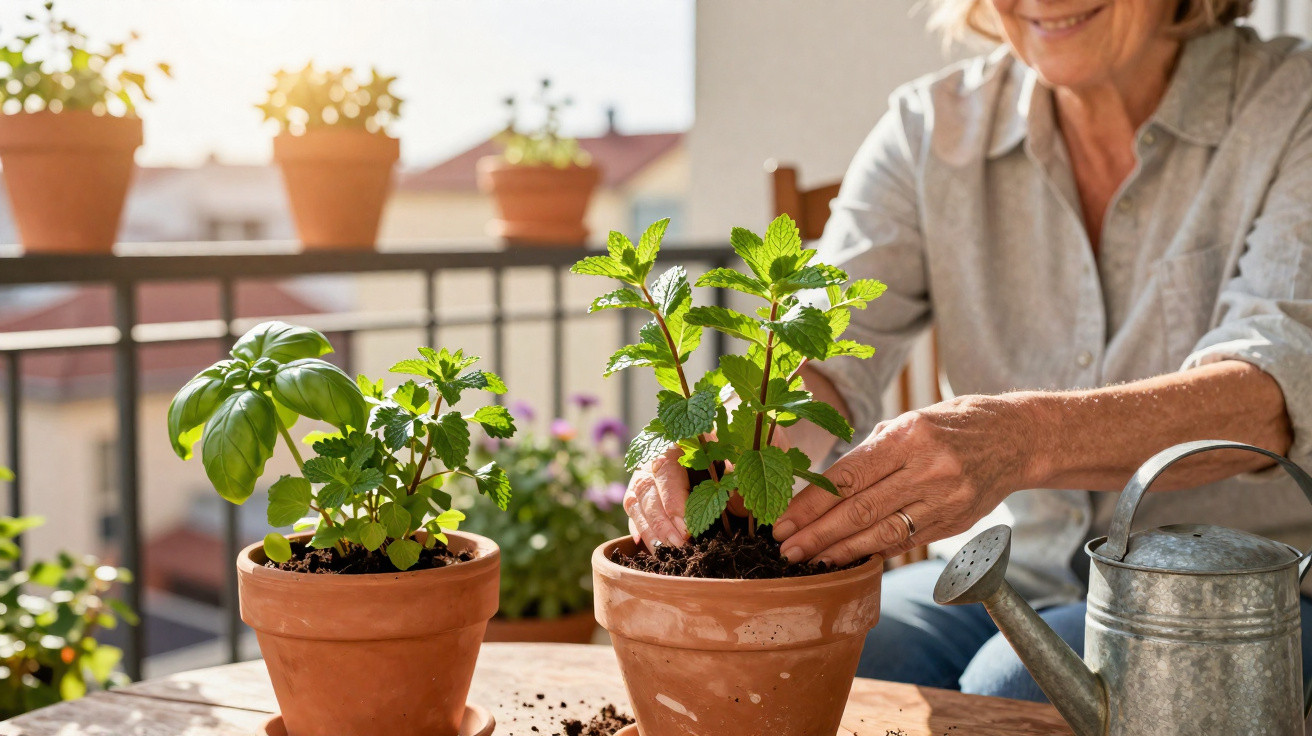 Femme âgée jardinant des plantes aromatiques en pot sur un balcon ensoleillé au printemps.