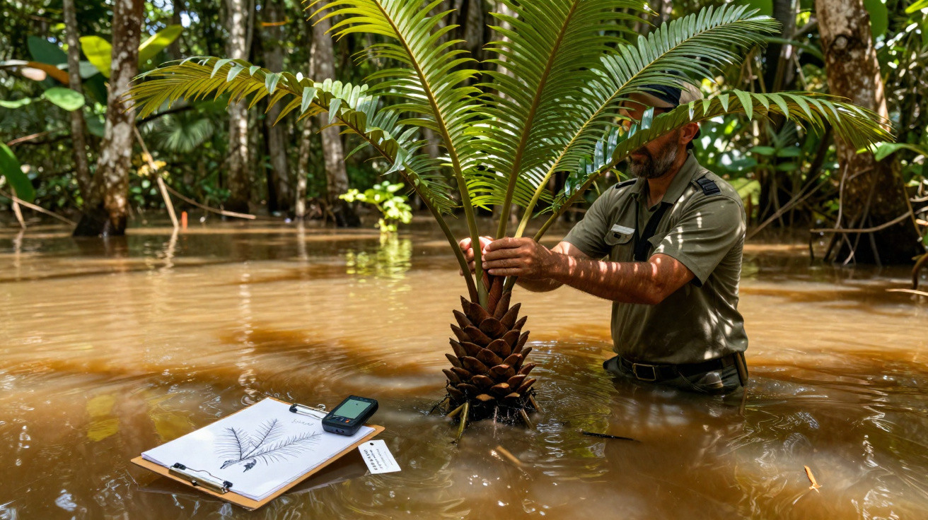 Un homme en uniforme manipule une jeune plante aquatique dans une forêt inondée.