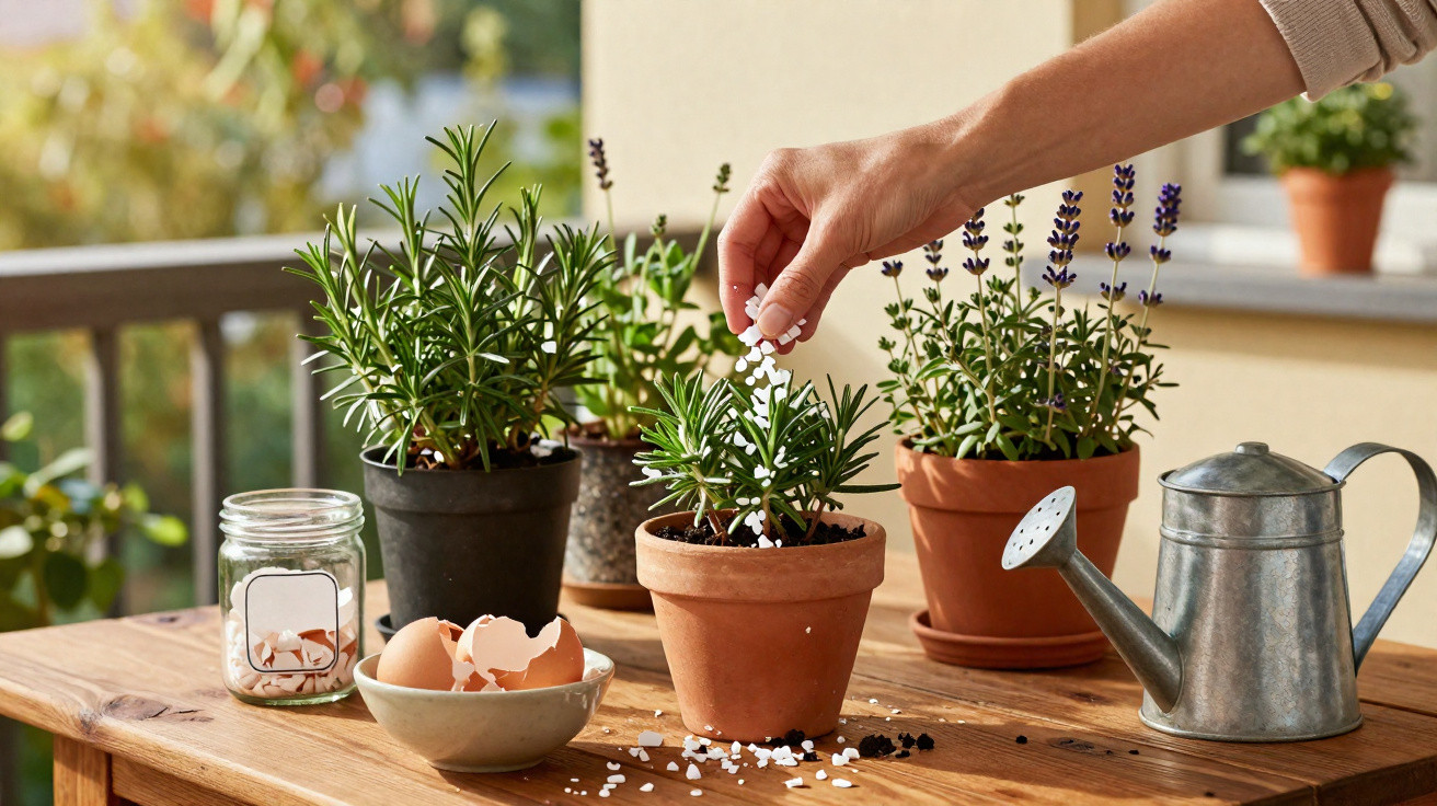 Main saupoudrant des granulés d'engrais sur une plante en pot sur une table en bois avec un arrosoir.