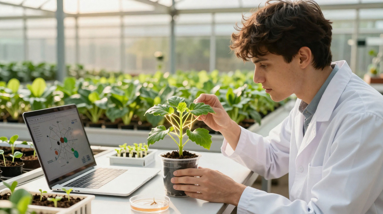 Jeune scientifique en blouse blanche examine une plante en pot dans une serre avec un ordinateur portable à côté.
