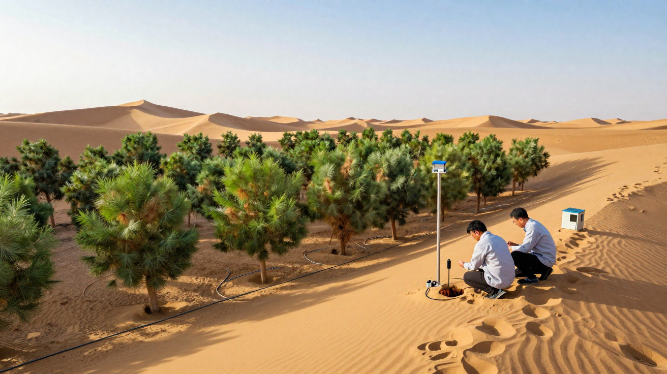 Deux hommes en blouse blanche analysent le sol près d’arbres plantés dans un désert de dunes sableuses.