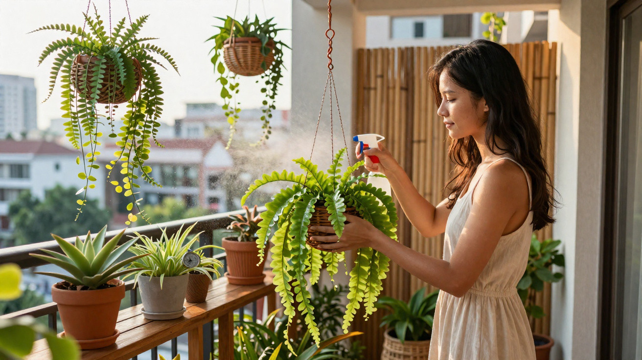 Jeune femme arrosant des plantes suspendues sur un balcon urbain ensoleillé.